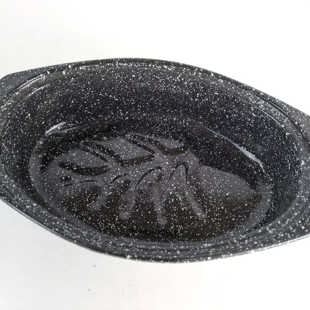 Vintage Black Graniteware Oval Small‎ Oven Roasting Pan, Speckled Enamel 13x8